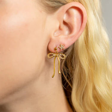 Tonglin Stainless Steel Ribbon Bow with Stones Earrings - Jewelry Supplier