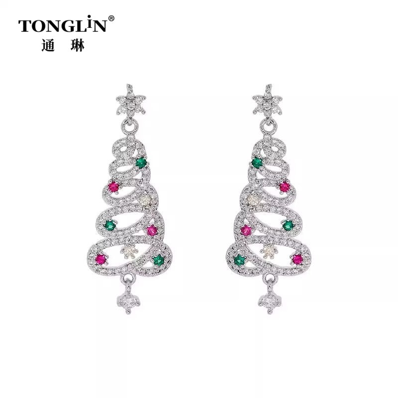 Tonglin Custom 18K Gold Diamond Christmas Tree Earrings Wholesale