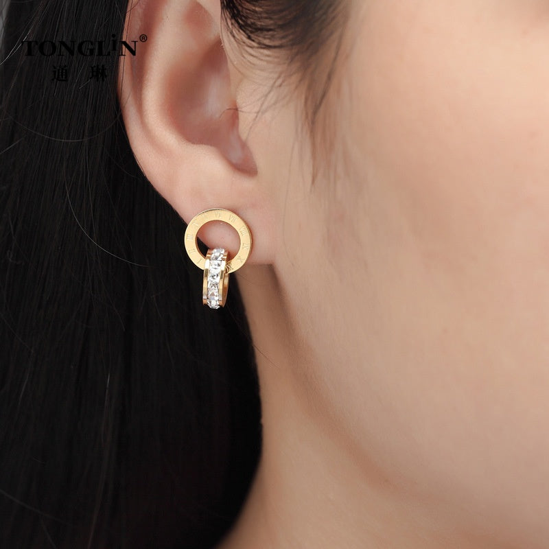 Tonglin 18K Gold Double Ring Roman Numeral Earrings with Crystal Detailing