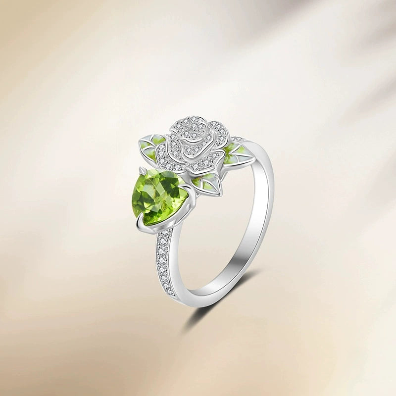 Tonglin Rose Green Gemstone Ring – 18K Gold with Diamond Accents for Wholesale