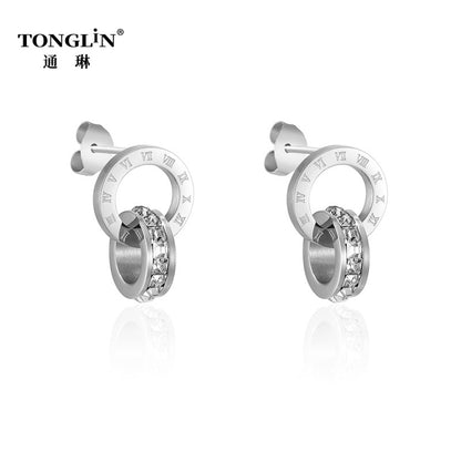 Tonglin 18K Gold Double Ring Roman Numeral Earrings with Crystal Detailing