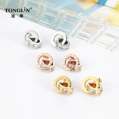 Tonglin 18K Gold Double Ring Roman Numeral Earrings with Crystal Detailing