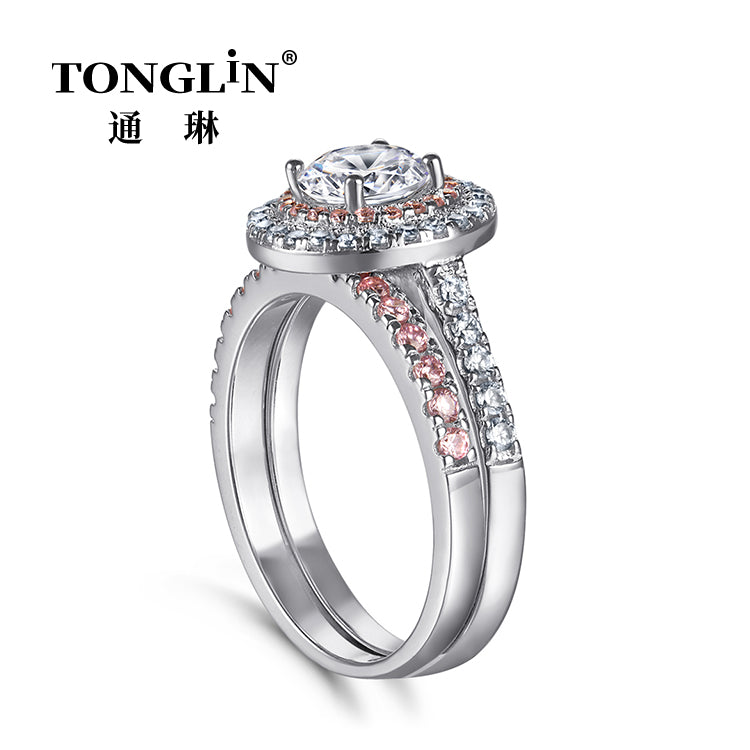 Tonglin Pink And White Cubic Zirconia Ring Set In Sterling Silver