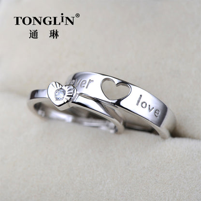 Tonglin Heart Engrave Adjustable Silver Engagement Rings For Couples