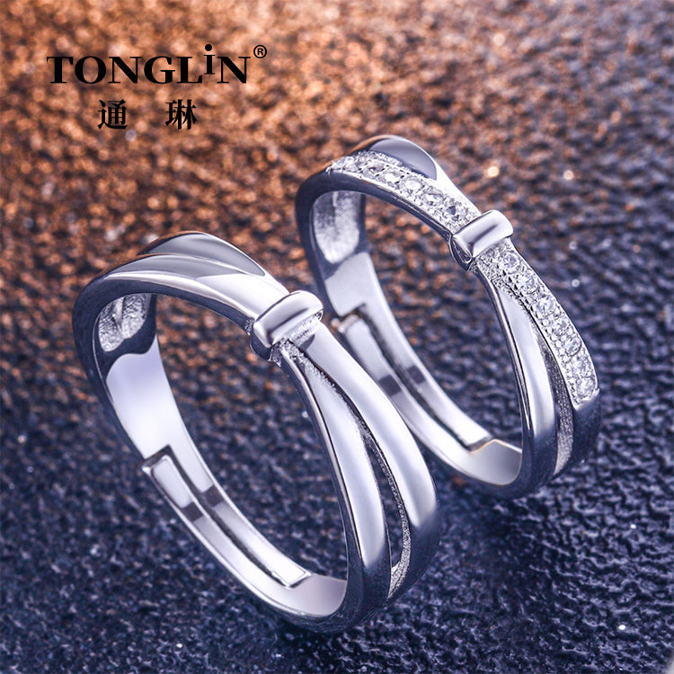 Tonglin Adjustable Cubic Zirconia Real Silver Couple Ring For Lovers