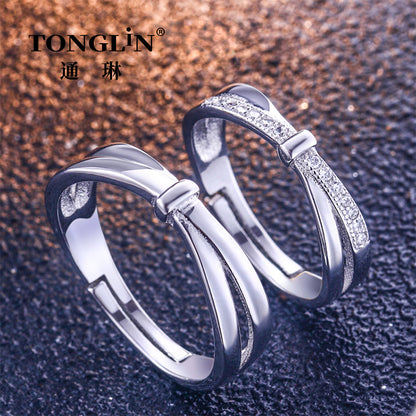 Tonglin Adjustable Cubic Zirconia Real Silver Couple Ring For Lovers