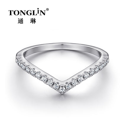 Tonglin V Shape Sterling Silver Stacking Ring With Cubic Zirconia