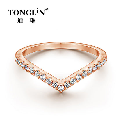 Tonglin V Shape Sterling Silver Stacking Ring With Cubic Zirconia