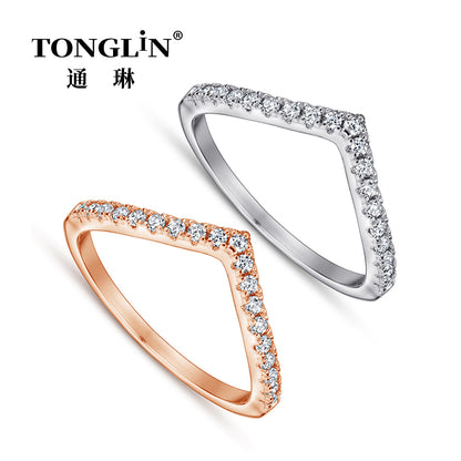 Tonglin V Shape Sterling Silver Stacking Ring With Cubic Zirconia