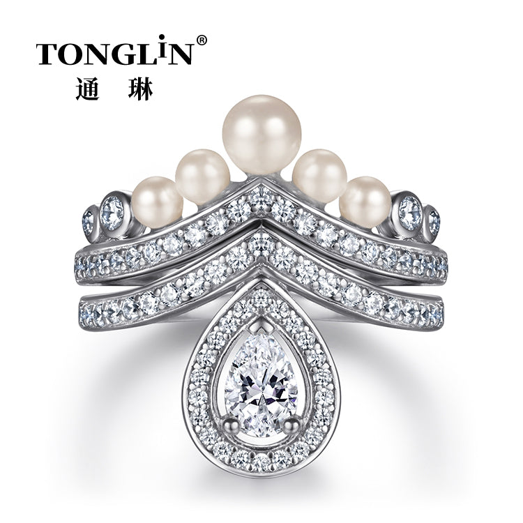 Tonglin Pear Shape Cubic Zirconia Silver Pearl Engagement Ring Set