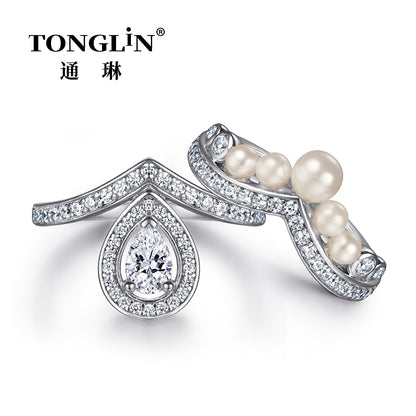 Tonglin Pear Shape Cubic Zirconia Silver Pearl Engagement Ring Set