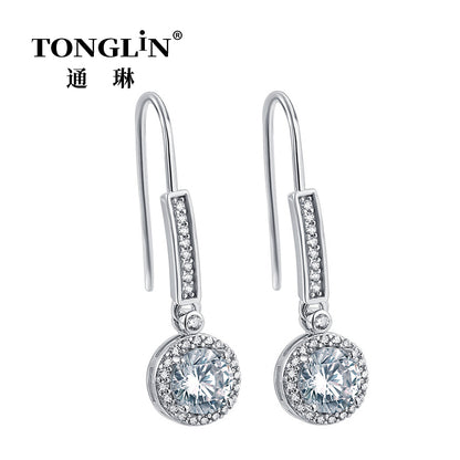 Tonglin Sterling Silver Long Stud Zircon Hoop Earrings