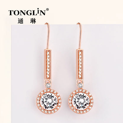 Tonglin Sterling Silver Long Stud Zircon Hoop Earrings