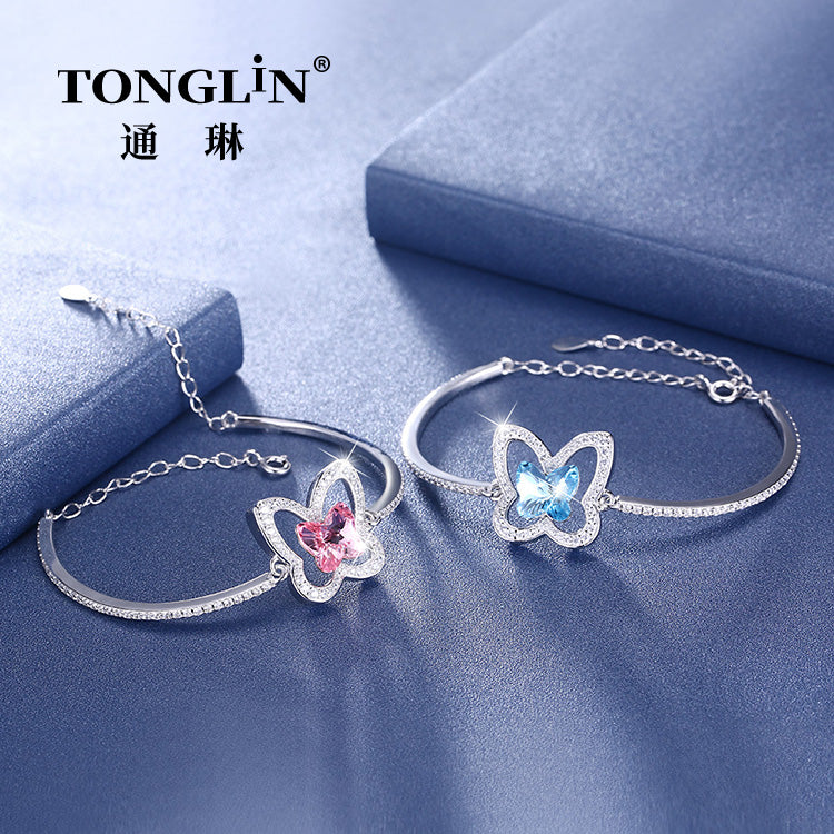 Tonglin Sterling Silver Crystal Butterfly Bracelet With Zirconia