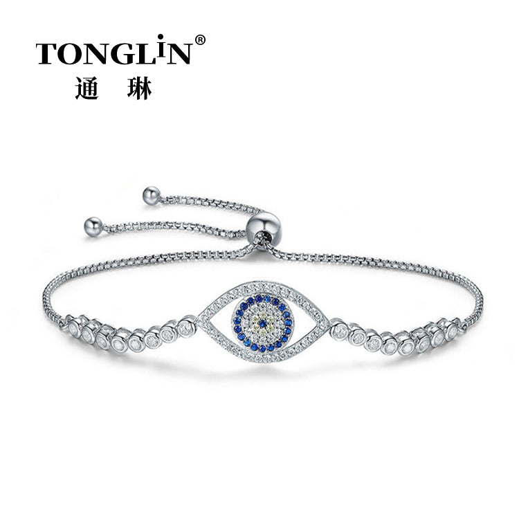 Tonglin Sterling Silver Evil Eye Bracelet With Cubic Zirconia