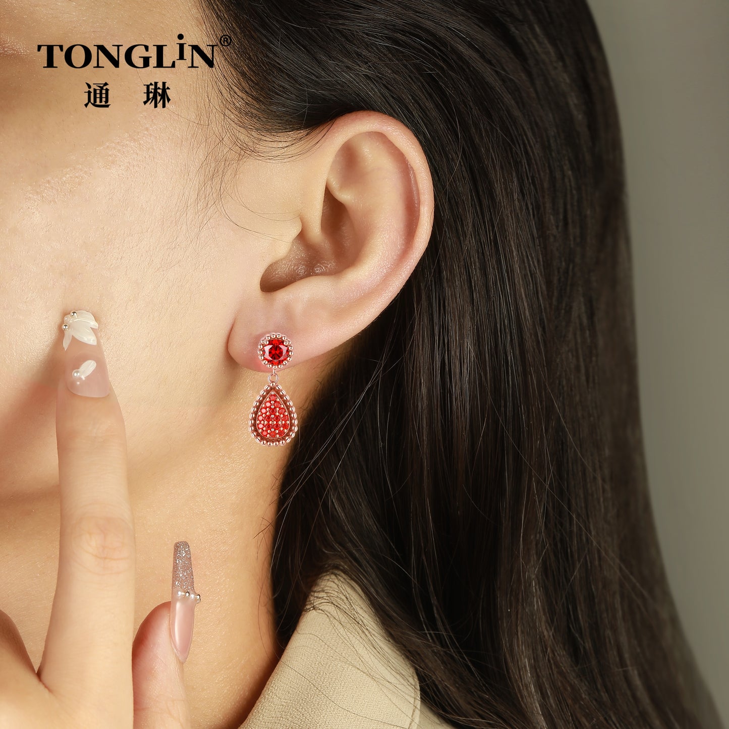 Tonglin 18K rose Gold Ruby Drop Earring