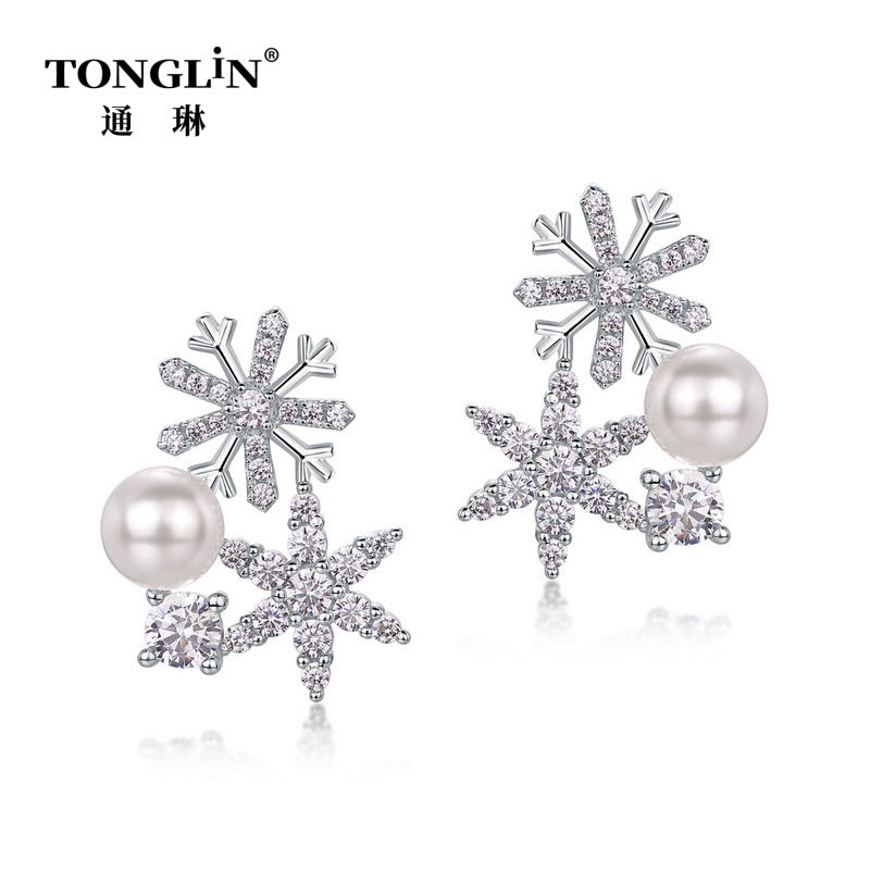 Tonglin Custom 18K Gold Snowflake Pearl Earrings Wholesale