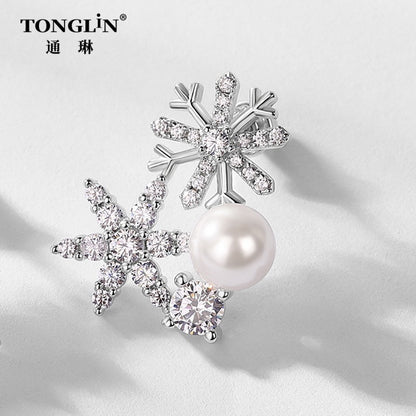 Tonglin Custom 18K Gold Snowflake Pearl Earrings Wholesale