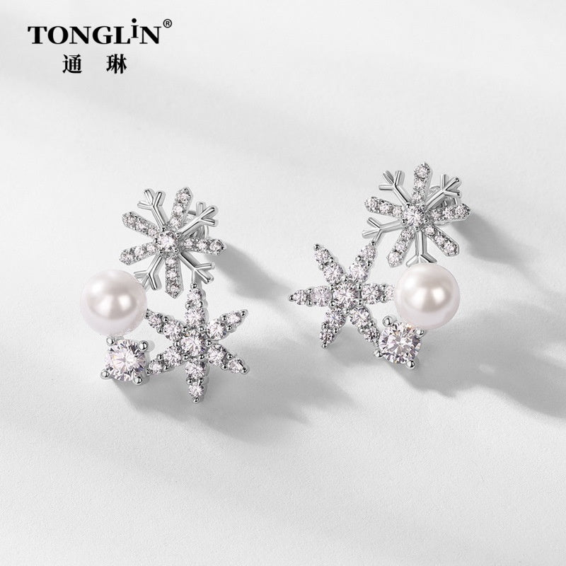 Tonglin Custom 18K Gold Snowflake Pearl Earrings Wholesale