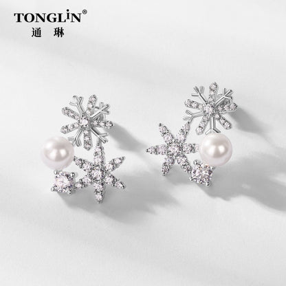 Tonglin Custom 18K Gold Snowflake Pearl Earrings Wholesale